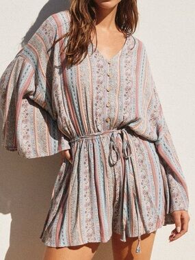 Dress Forum Striped Paisley Romper in Light Blue, Pink & Cream